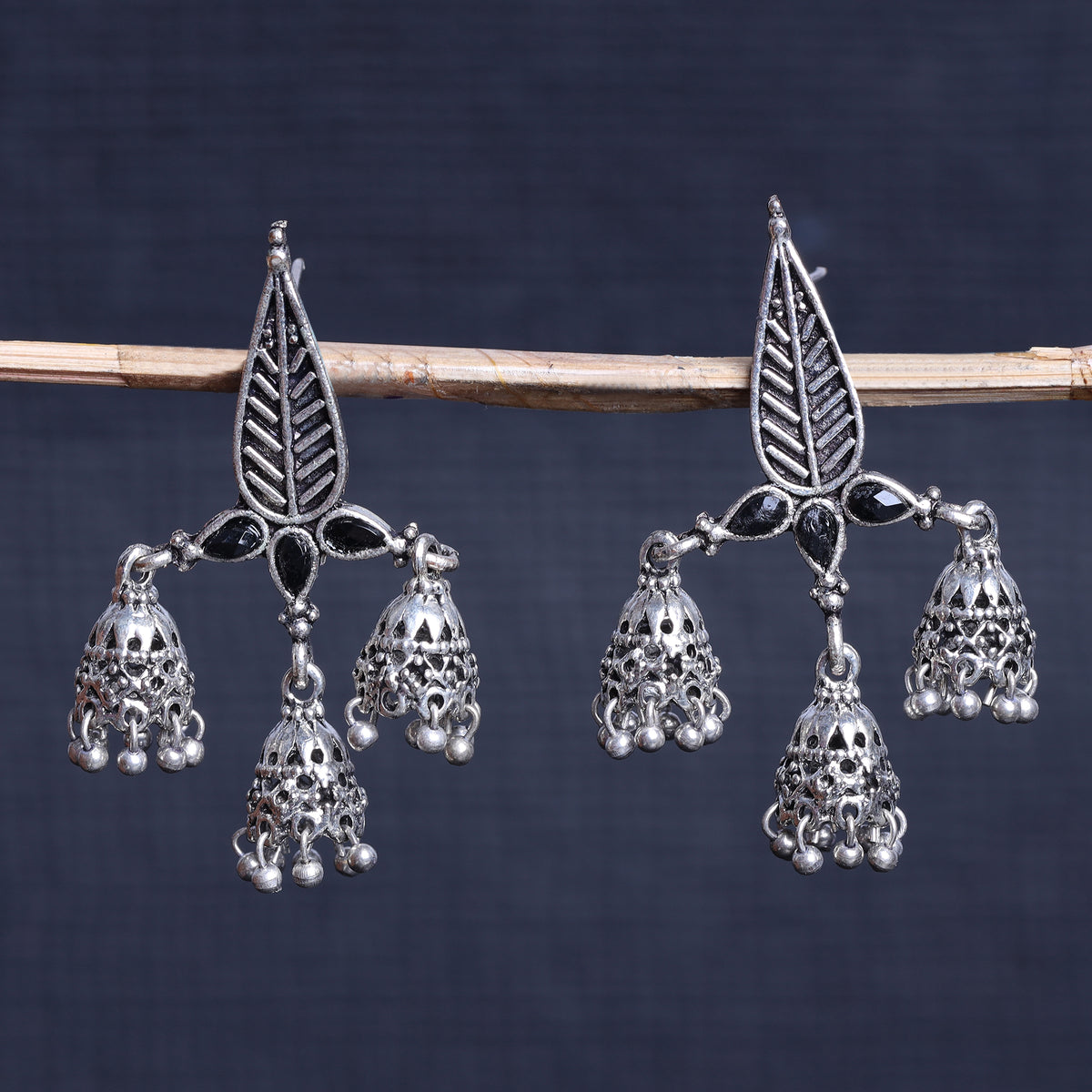 Tri-Leaf Jhumki earrings (Black)