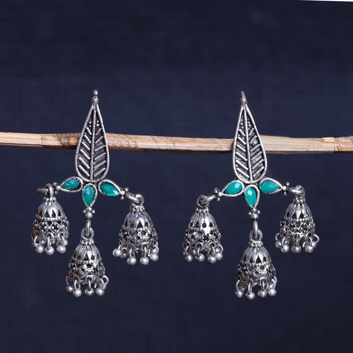 Green Stone Studded Beautiful Triangular Oxidised Earrings With Hanging Jhumkis