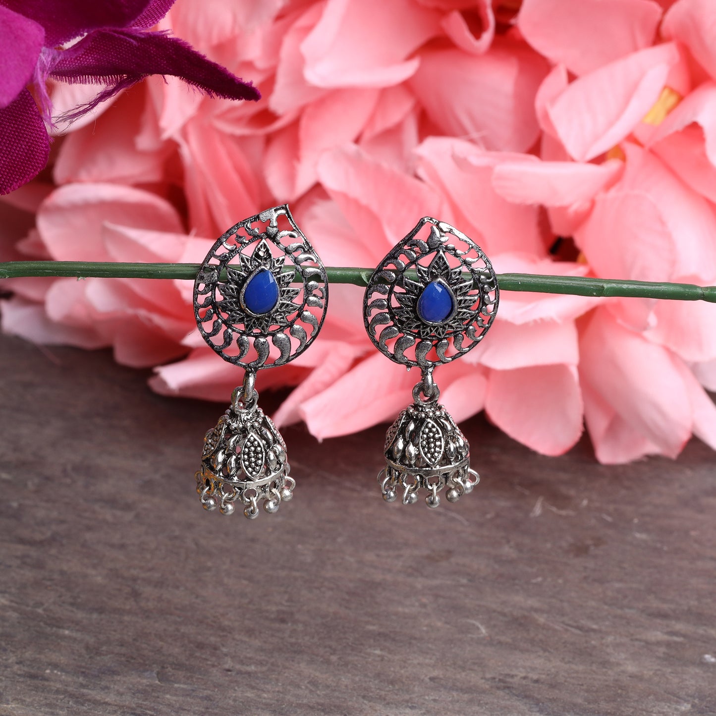 Blue Stone Studded Danglers With Hanging Jhumki