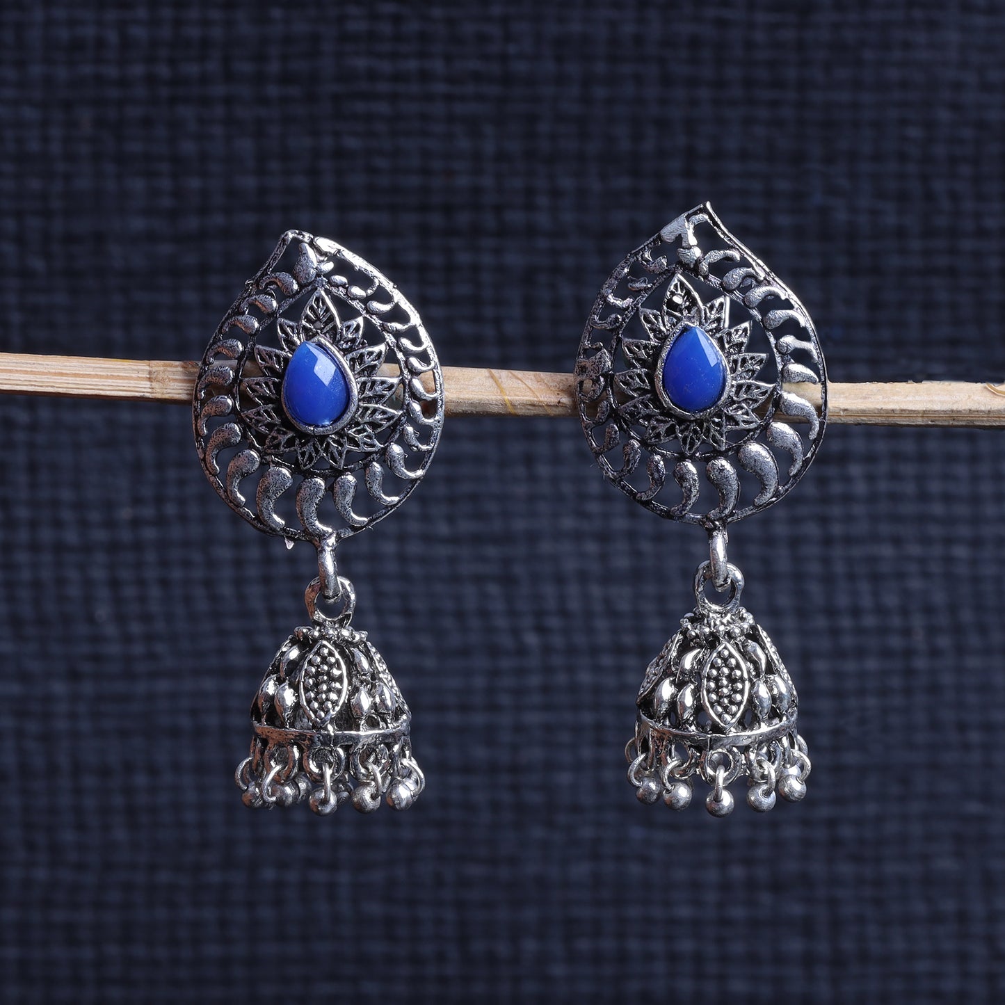 Blue Stone Studded Danglers With Hanging Jhumki