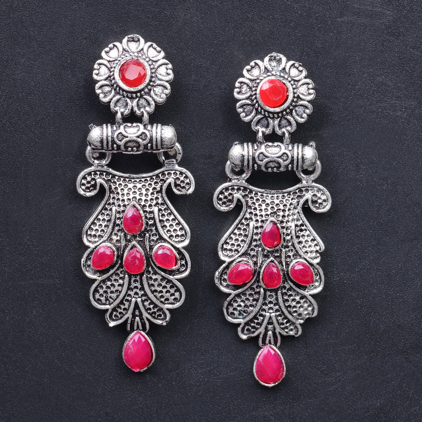 Swirly stone studded dangler earring (Red)