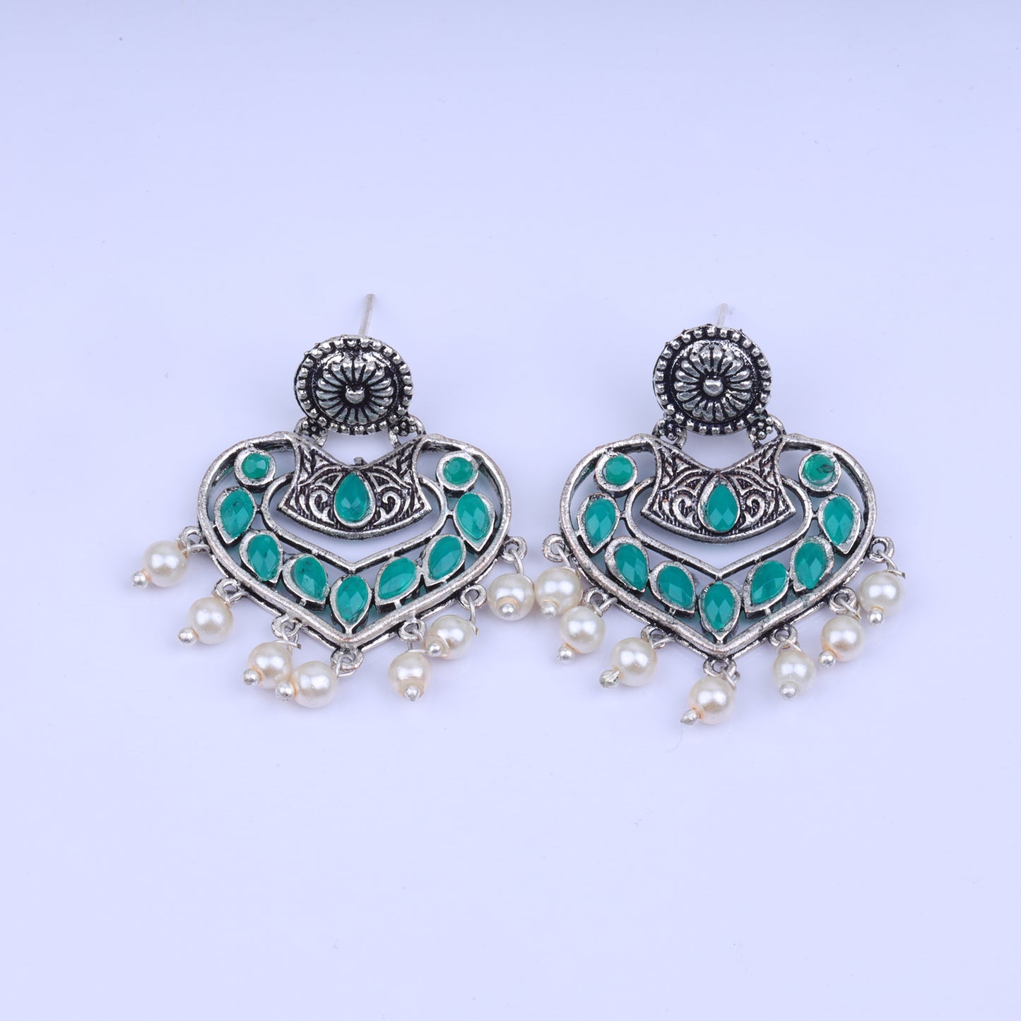 Green Stone Studded Heart Shaped Beautiful Earrings With Hanging Pearls