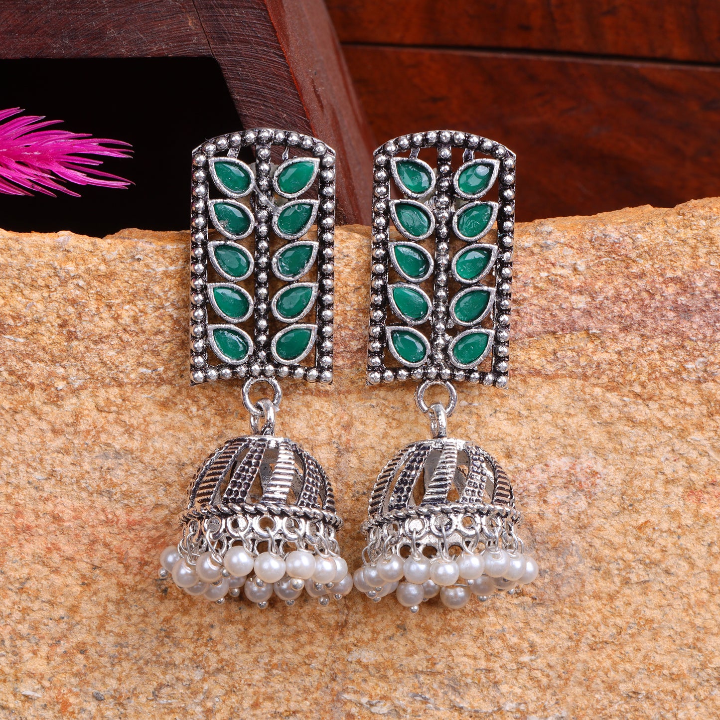 Regal leaffall stone studded jhumki earrings (Green)