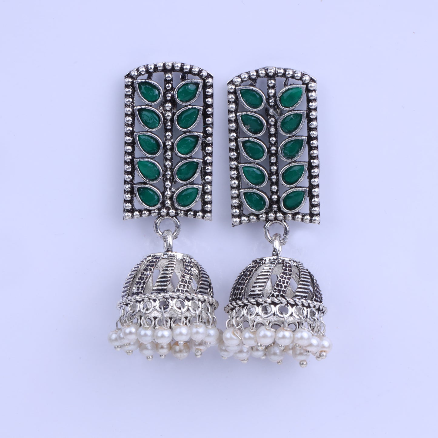 Regal leaffall stone studded jhumki earrings (Green)