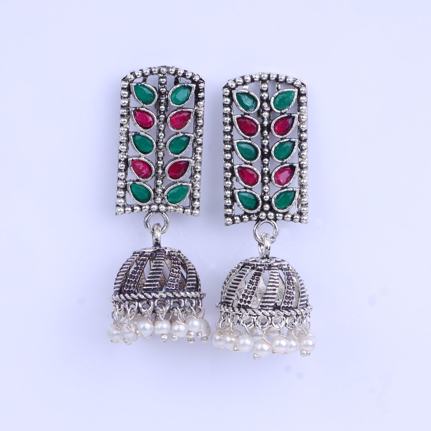 Multicolored Stone Studded German Silver Statement Earrings With Brass Jhumki