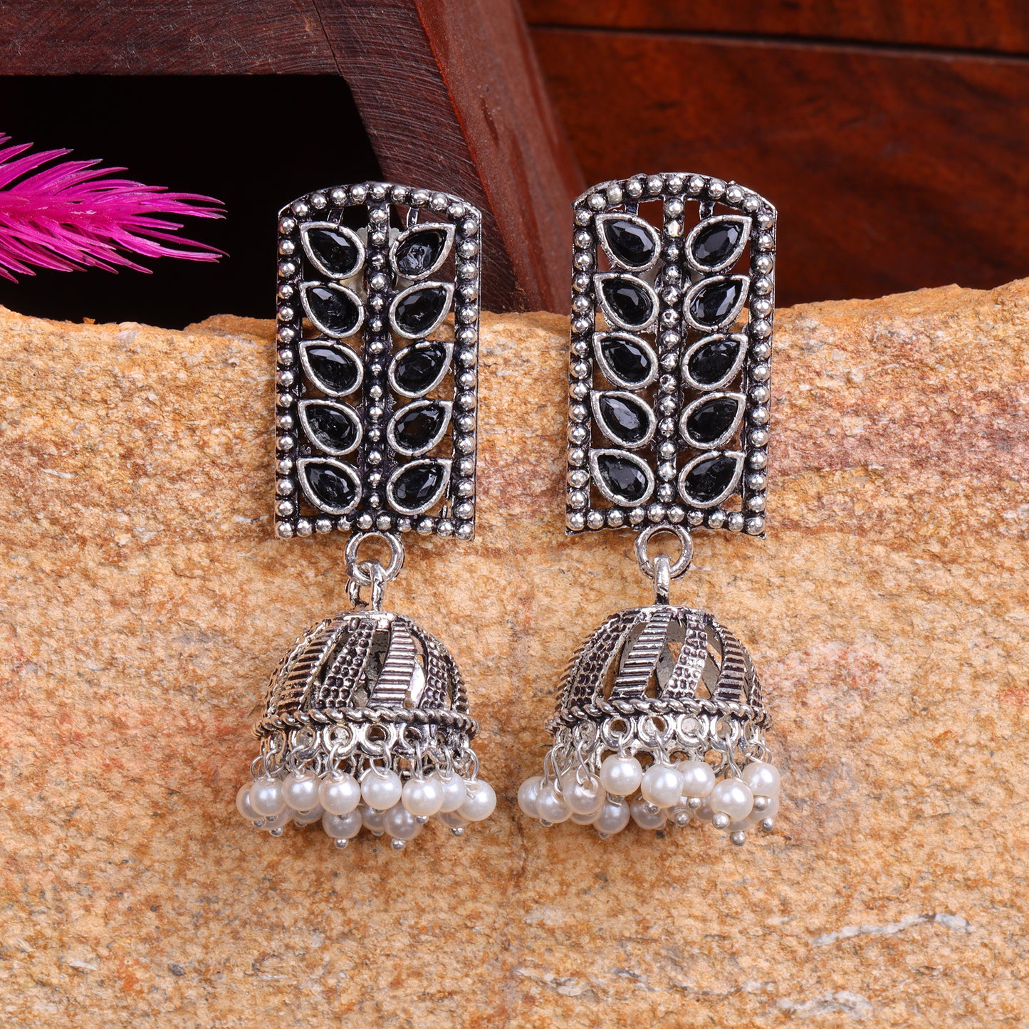 Regal leaffall stone studded jhumki earrings (Black)