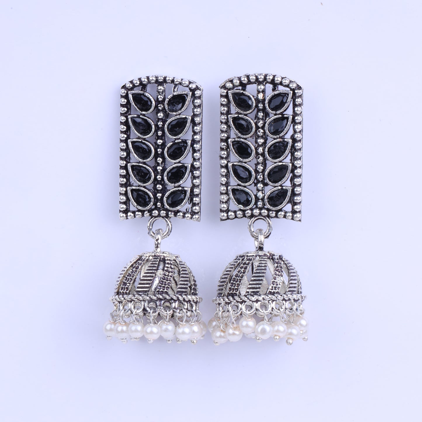 Regal leaffall stone studded jhumki earrings (Black)
