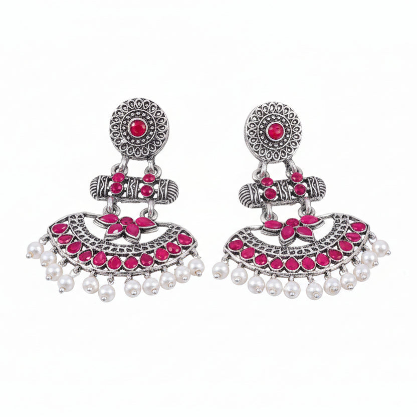 Pearl Cacade stone studded dangler earrings (Red)