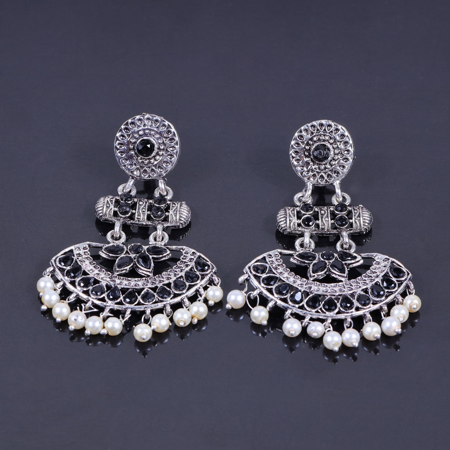 Pearl Cacade stone studded dangler earrings (Black)