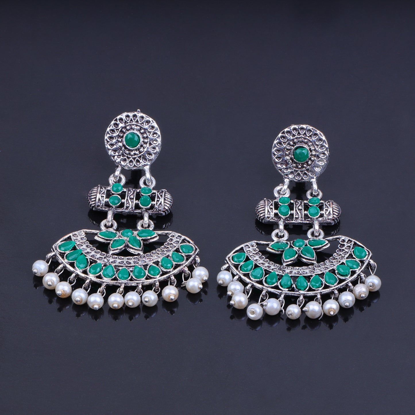 Pearl Cacade stone studded dangler earrings (Green)
