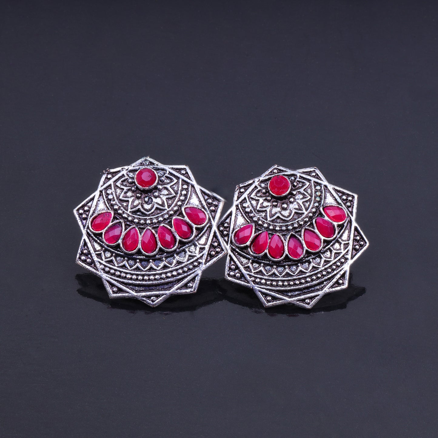 Red Stone Studded Geometrical German Silver Stud Earrings