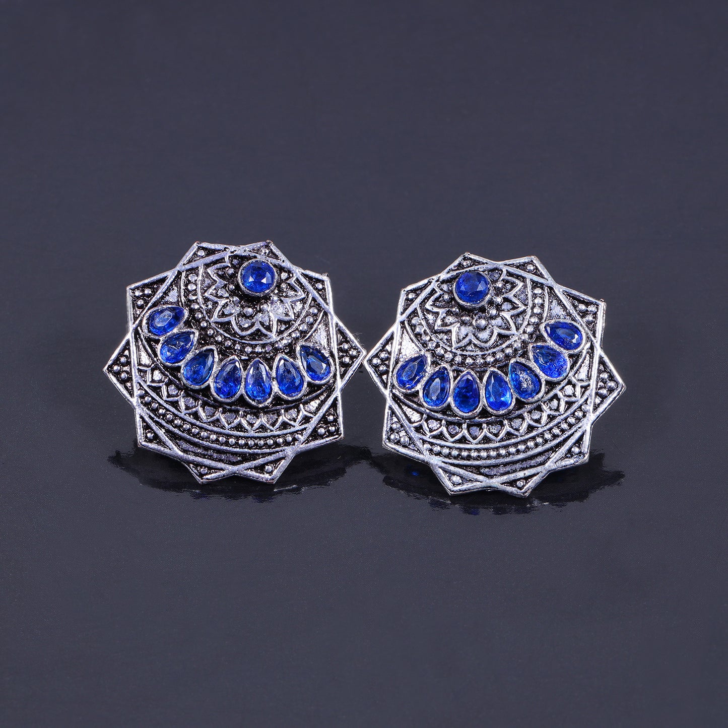 Blue Stone Studded Geometrical German Silver Stud Earrings