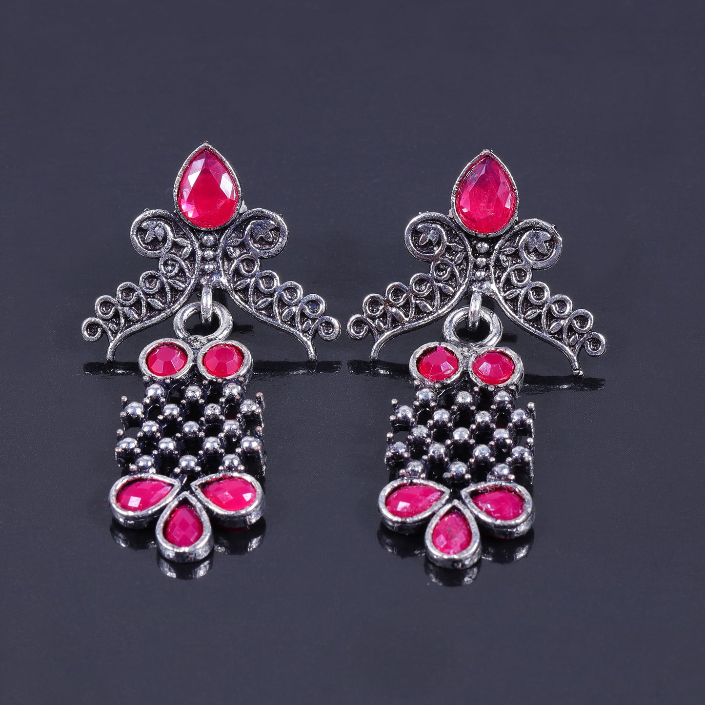 Red Stone Studded Lightweight German Silver Stud Earrings