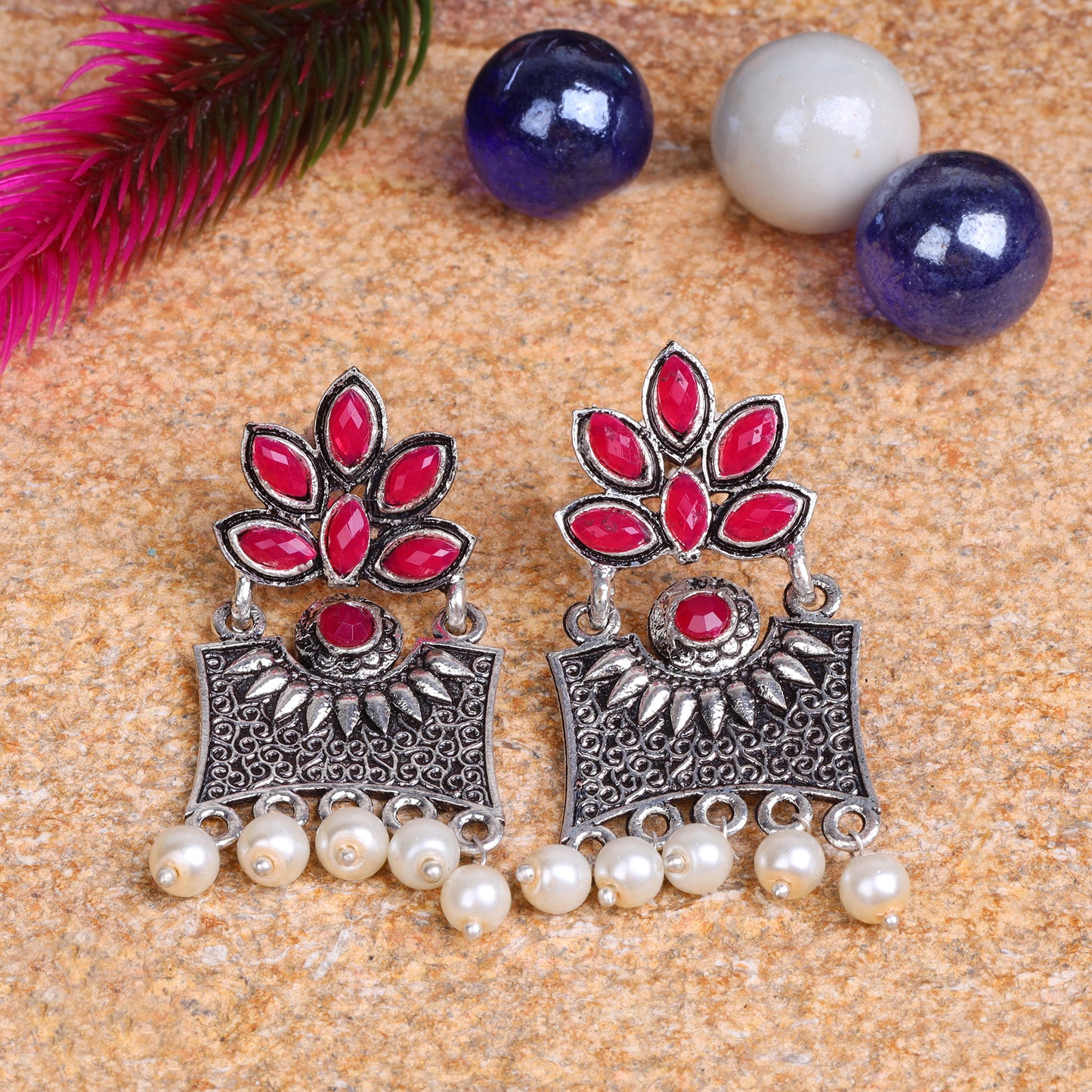 Flora-Aura stone studded dangler earrings (Red)