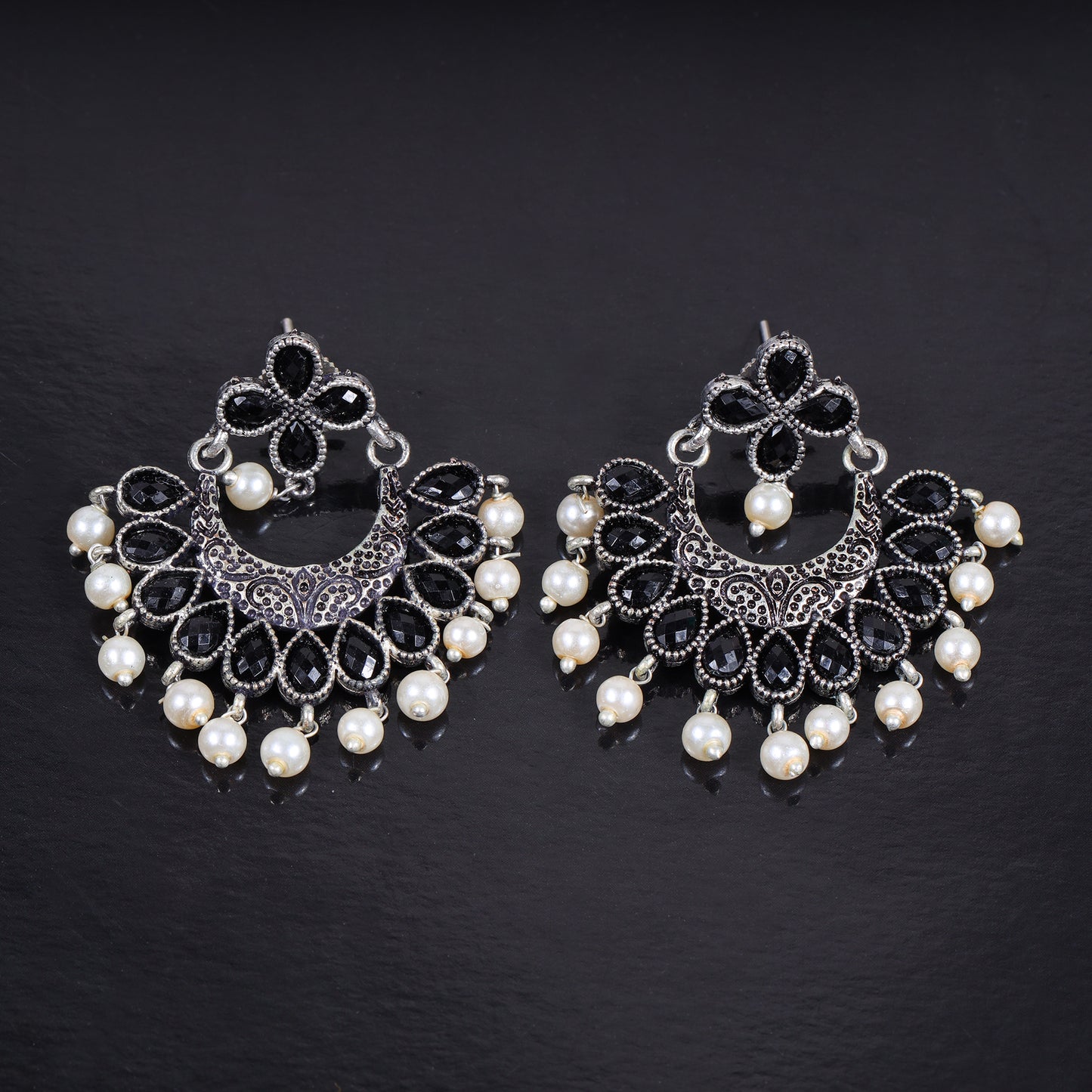 Black Stone Studded Statement German Silver Dangler Earrings
