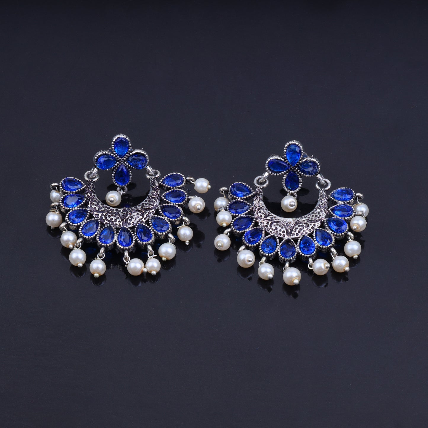 Blue Stone Studded Statement German Silver Dangler Earrings