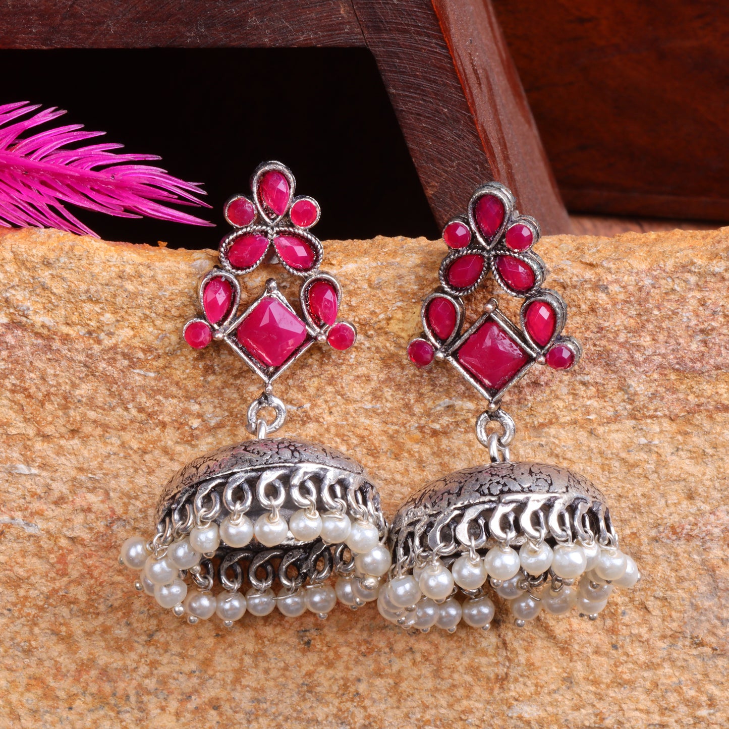 Dazzle Dome pral jhumki earrings (Red)