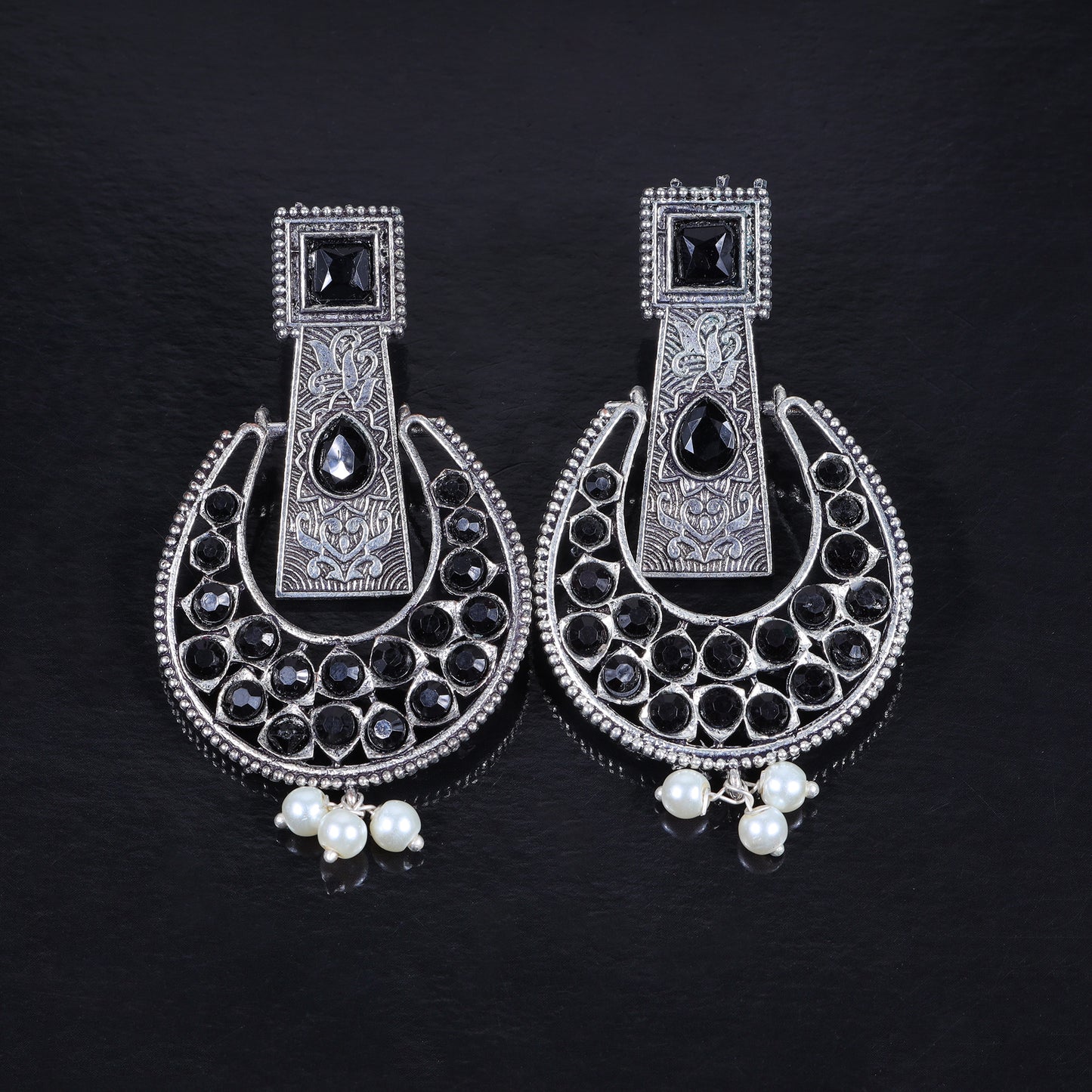 Moonfall stone studded dangler earrings (Black)