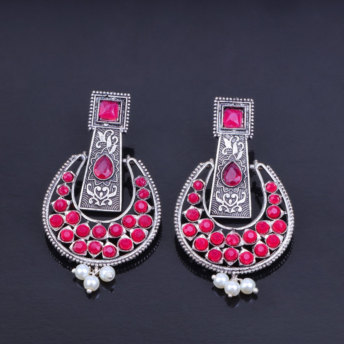 Moonfall stone studded dangler earrings (Red)