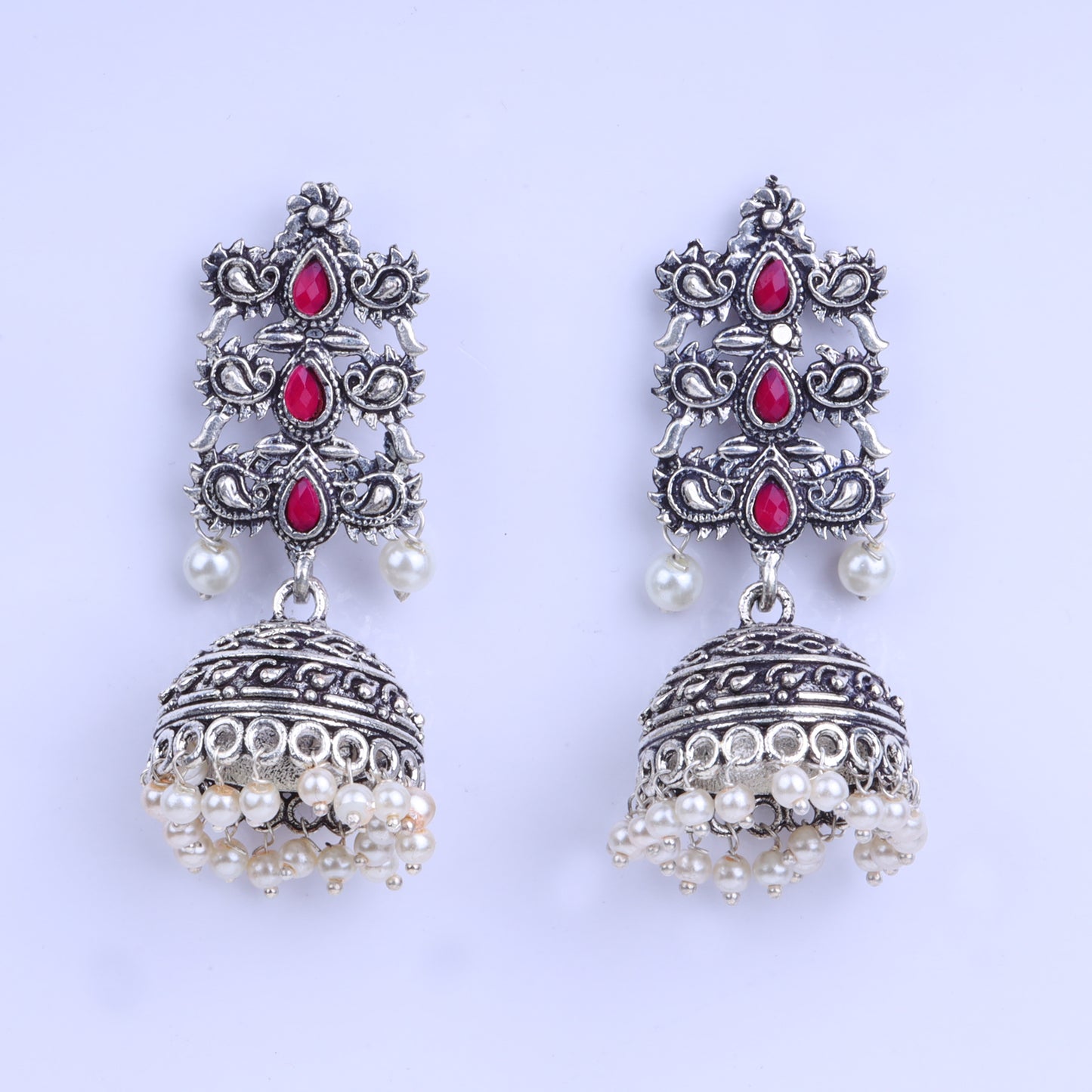 Red Stone Studded Statement German Silver Danglers With Brass Jhumki