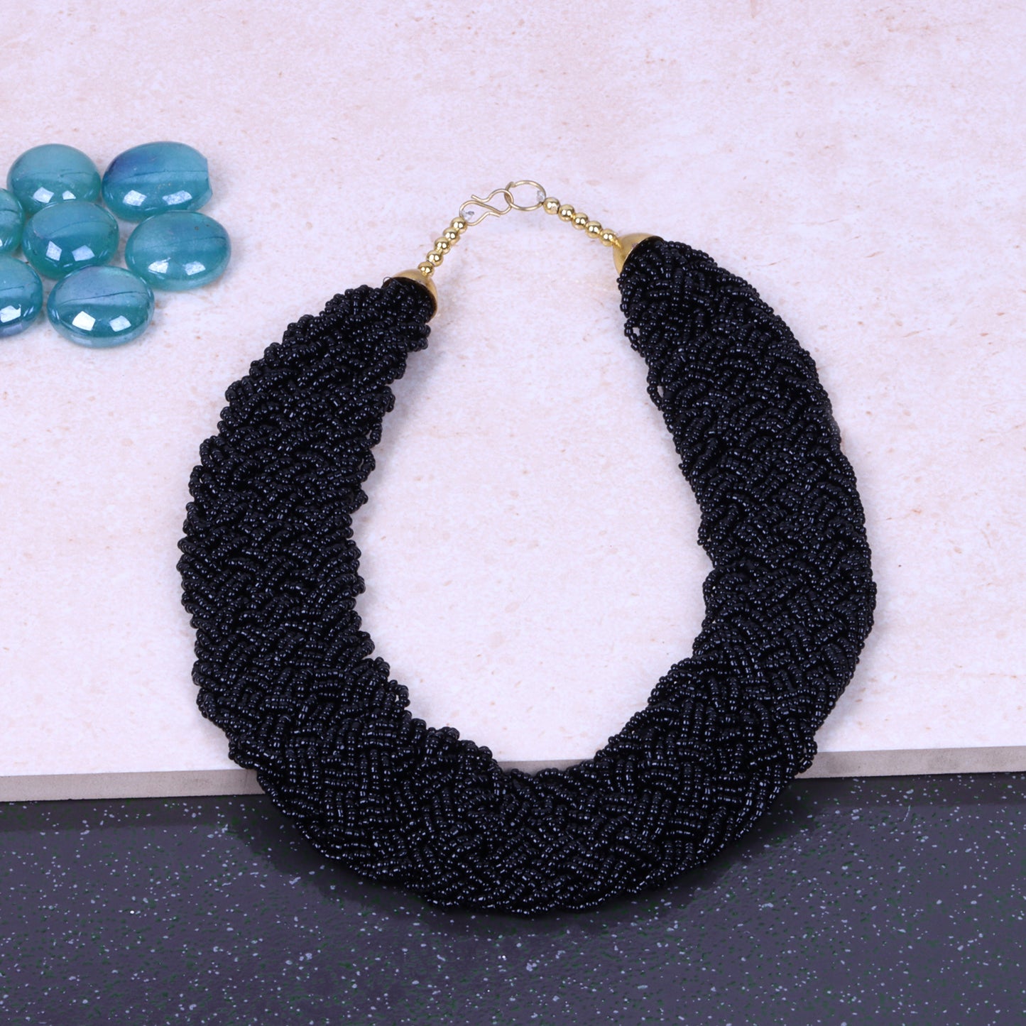 Blazing black braided beaded neckpiece