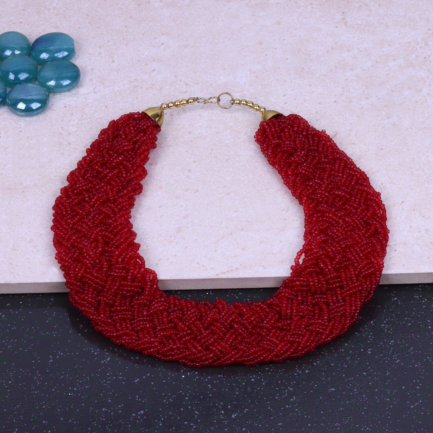 Crimson red braided beaded neckpiece