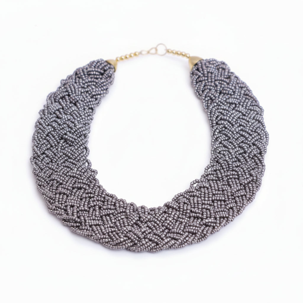 The Beauteous Braided Criss-Cross Beaded Neckpiece (Grey)