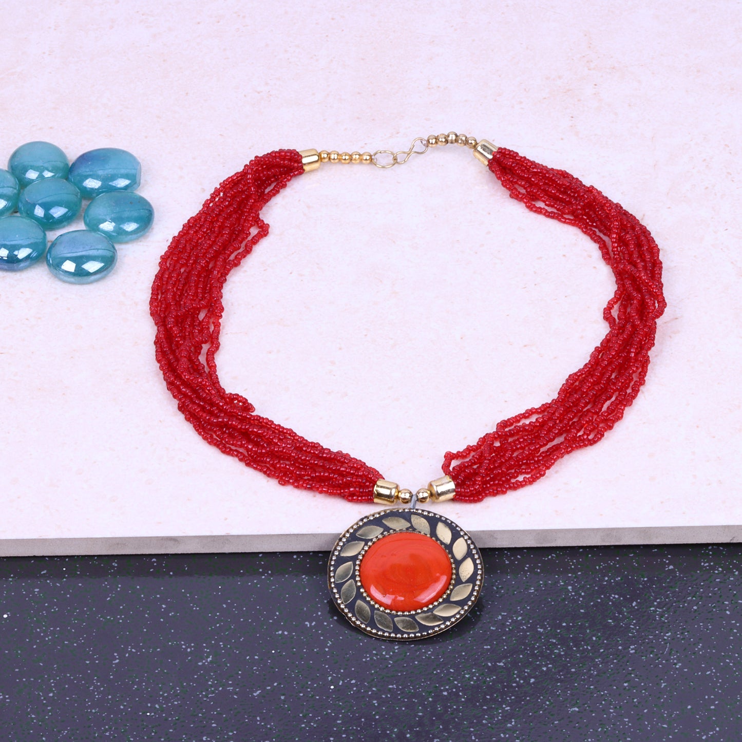 Ruby whispers stone studded beaded neckpiece