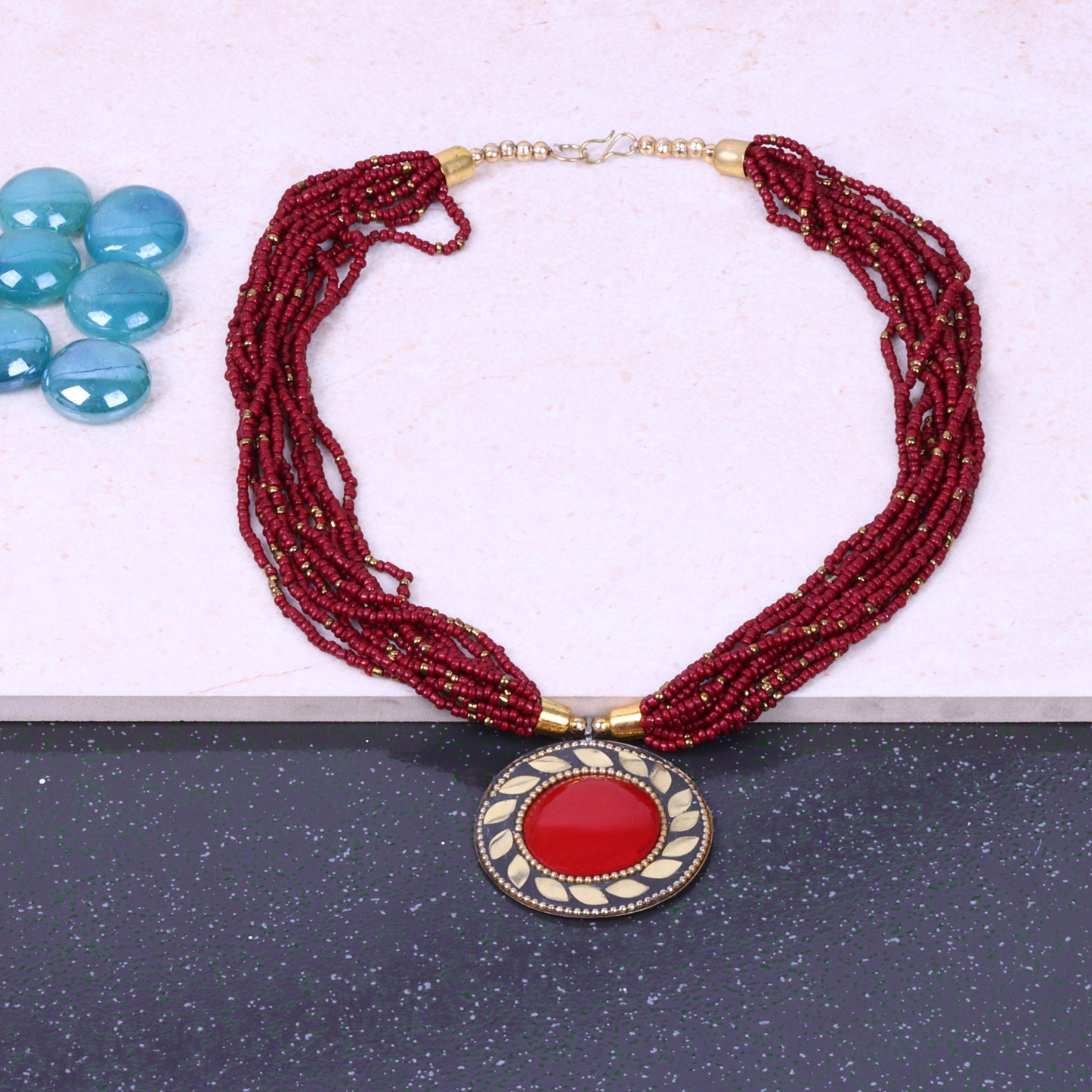 Flame drape stone studded beaded neckpiece