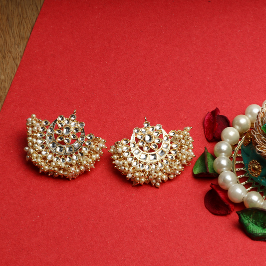 Kundan studded Semi circular Danglers with hanging Baby pearls