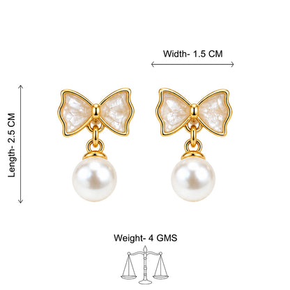 Golden Bow Pearl Drop Earrings