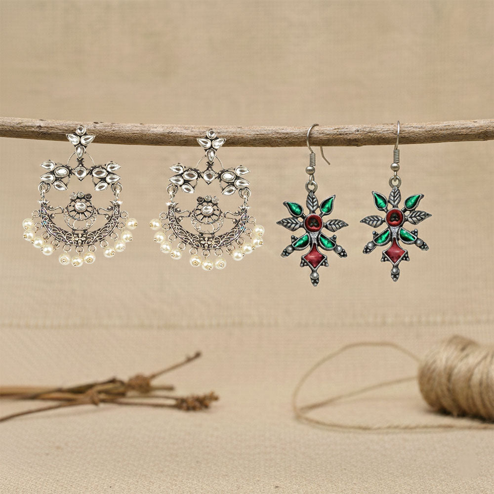 StylishKudi Oxidised Silver Stud & Chandbali Earrings Combo Set for Women&girl