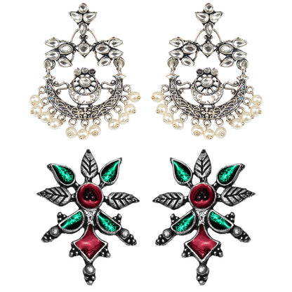 StylishKudi Oxidised Silver Stud & Chandbali Earrings Combo Set for Women&girl