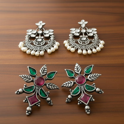 StylishKudi Oxidised Silver Stud & Chandbali Earrings Combo Set for Women&girl