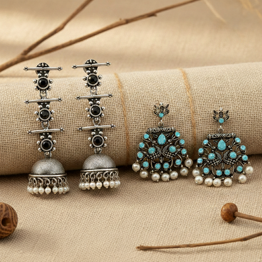 StylishKudi Oxidised Silver Stud & Chandbali Earrings Combo Set for Women&girl