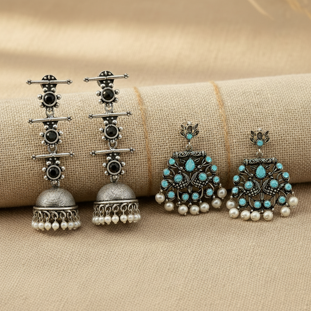 StylishKudi Oxidised Silver Stud & Chandbali Earrings Combo Set for Women&girl