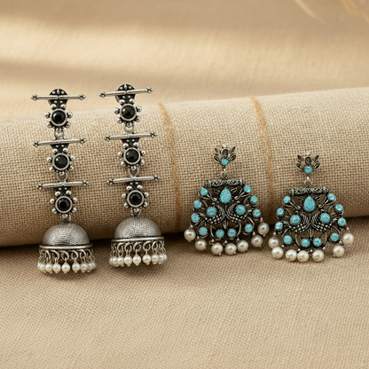 StylishKudi Oxidised Silver Stud & Chandbali Earrings Combo Set for Women&girl