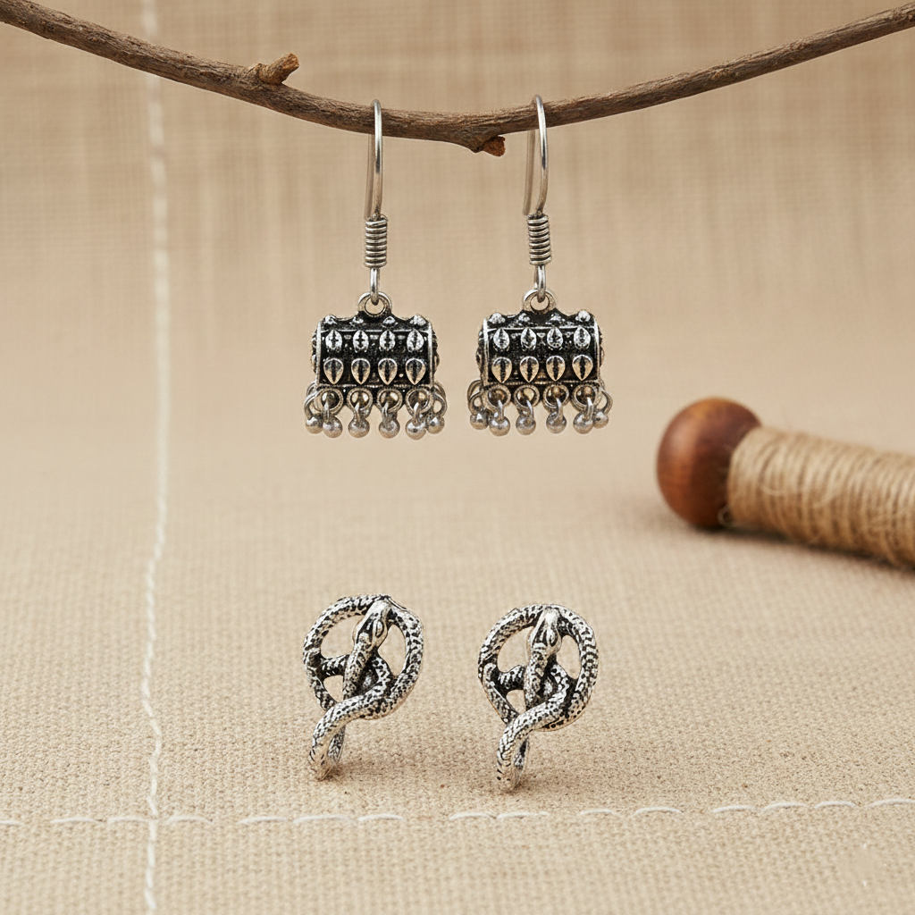 StylishKudi Oxidised Silver Stud & Chandbali Earrings Combo Set for Women&girl