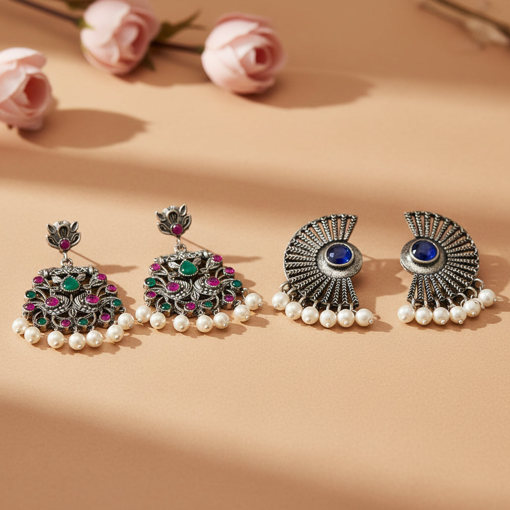 StylishKudi Oxidised Silver Jhumka & Stud Earrings ComboSet for Women&girl