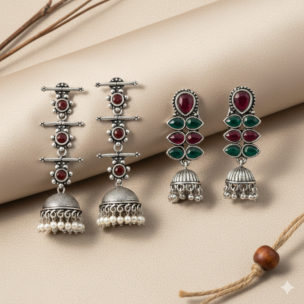 StylishKudi Oxidised Silver Earrings&Chandbali Earrings ComboSet for Women&girl