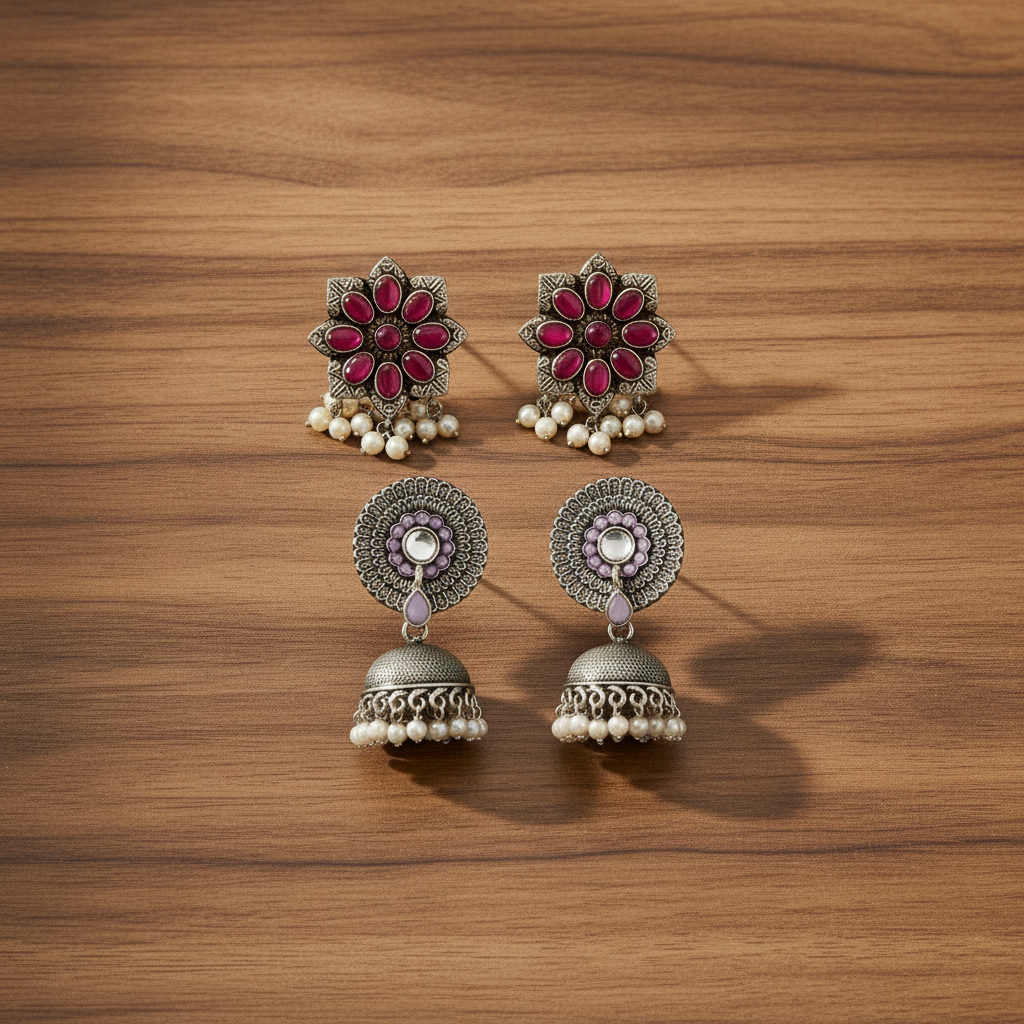 StylishKudi Oxidised Silver Earrings&Chandbali Earrings ComboSet for Women&girl