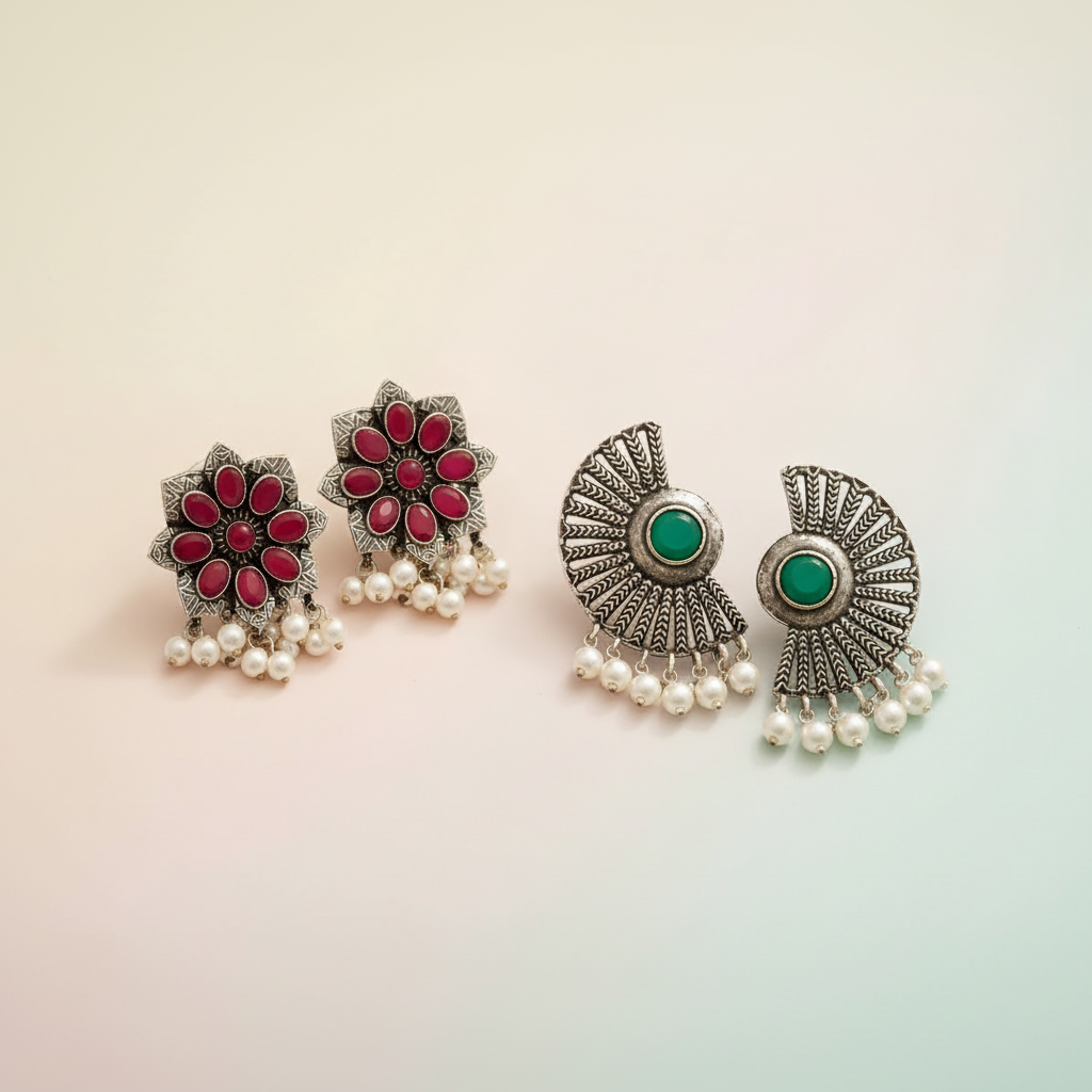 StylishKudi Oxidised Silver Earrings&Chandbali Earrings ComboSet for Women&girl