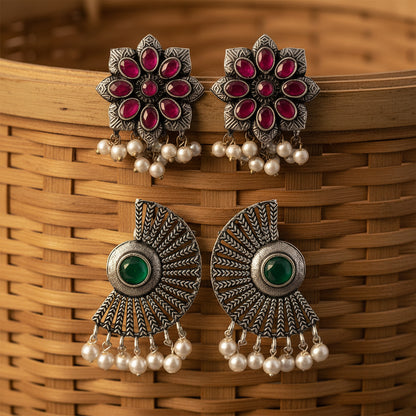 StylishKudi Oxidised Silver Earrings&Chandbali Earrings ComboSet for Women&girl