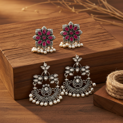 StylishKudi Oxidised Silver Earrings&Chandbali Earrings ComboSet for Women&girl