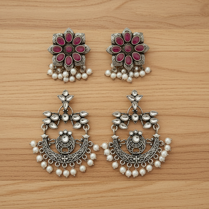 StylishKudi Oxidised Silver Earrings&Chandbali Earrings ComboSet for Women&girl