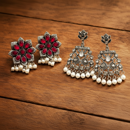 StylishKudi Oxidised Silver Earrings&Chandbali Earrings ComboSet for Women&girl