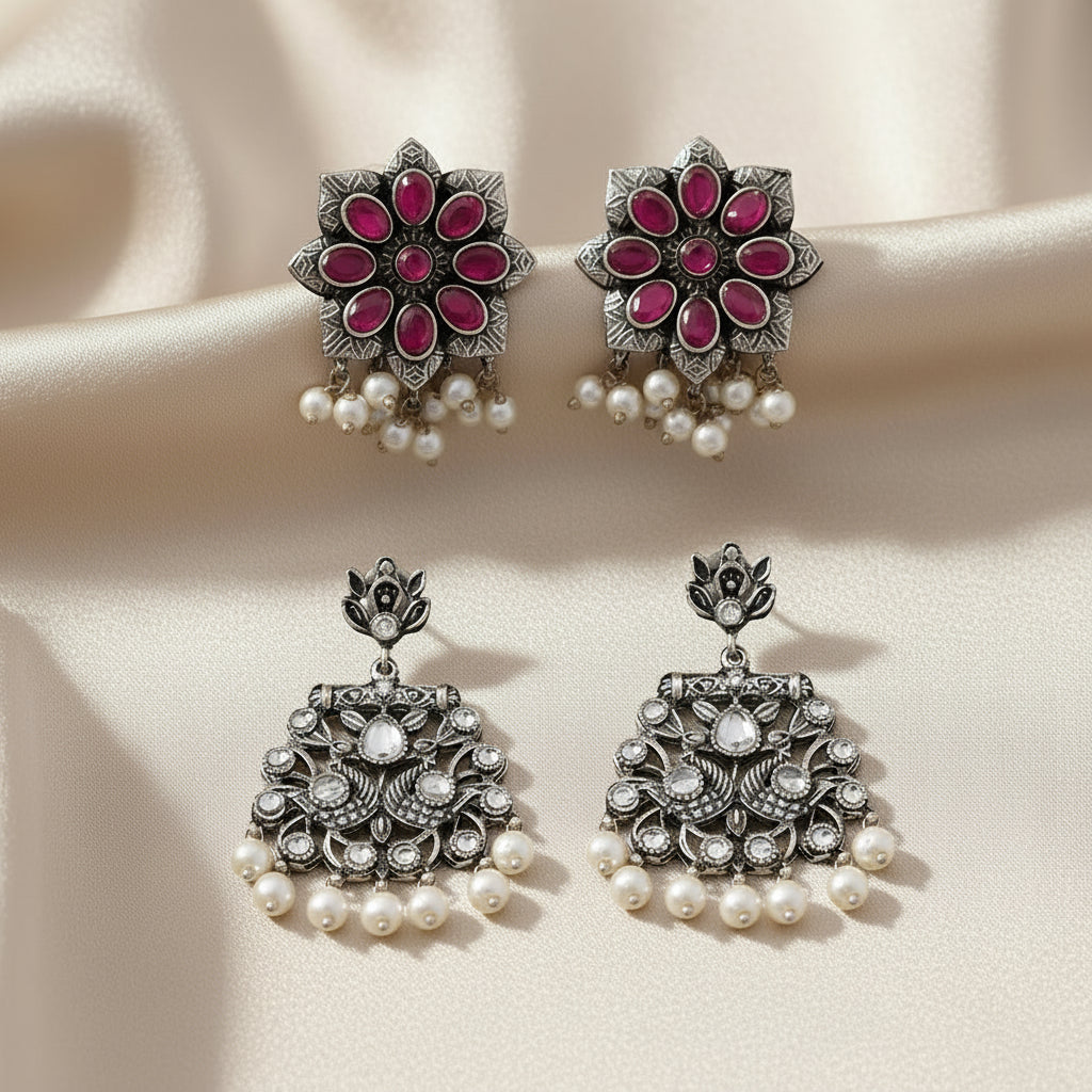 StylishKudi Oxidised Silver Earrings&Chandbali Earrings ComboSet for Women&girl
