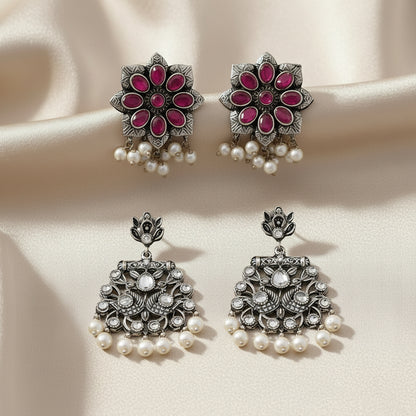 StylishKudi Oxidised Silver Earrings&Chandbali Earrings ComboSet for Women&girl