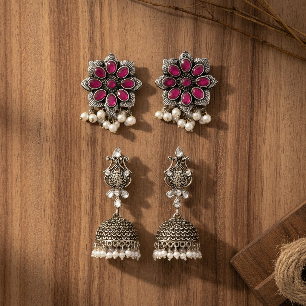 StylishKudi Oxidised Silver Earrings&Chandbali Earrings ComboSet for Women&girl