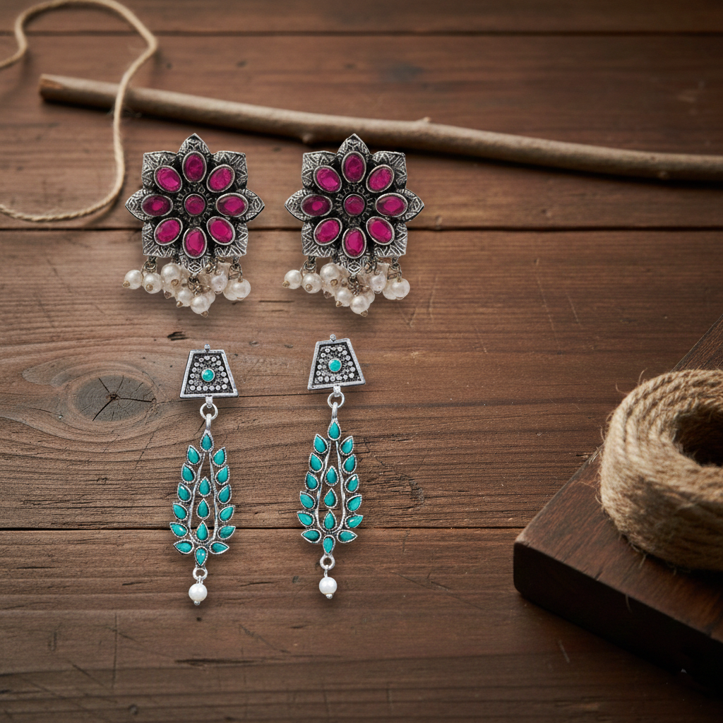 StylishKudi Oxidised Silver Earrings&Chandbali Earrings ComboSet for Women&girl